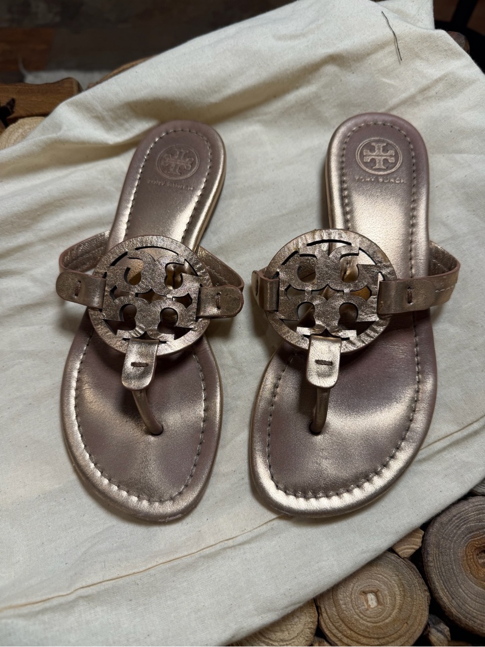 Tory Burch Rose Gold Miller Logo Thong Sandals